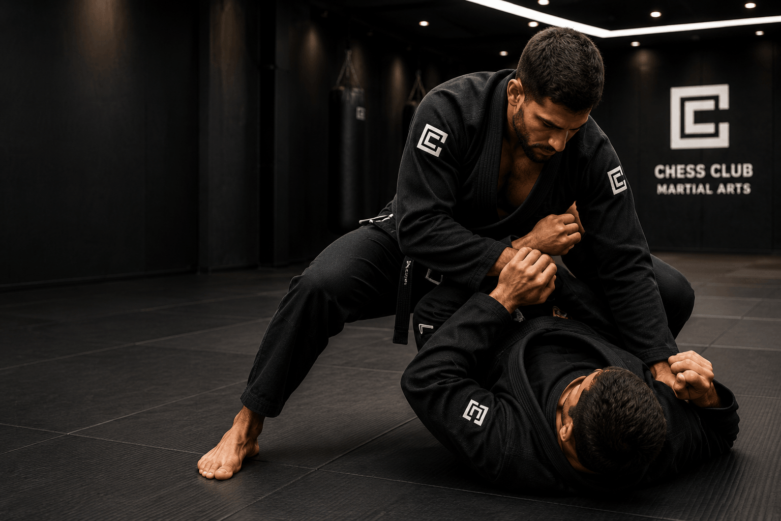 Two Brazilian Jiu-Jitsu practitioners grappling in a dark dojo